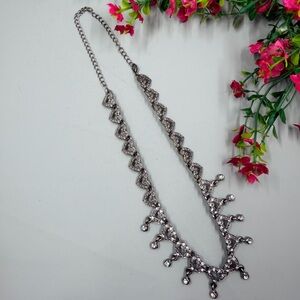 Gorgeous Heart Shaped Link Dark Grey Silver Necklace with Crystal Accents